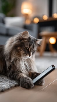 A cat is sitting on the floor playing with a cell phone photo