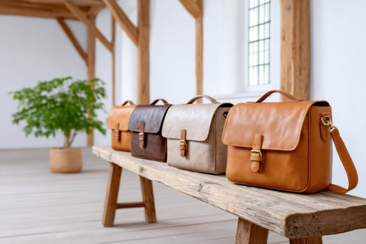 Four leather messenger bags resting on wooden bench in rustic setting photo