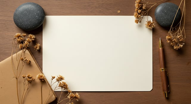 Minimalist Desk Scene with Blank Paper Dried Flowers and Pen in Warm Tones photo