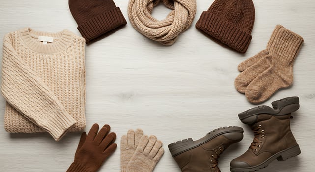 Cozy Winter Clothing and Footwear Set Featuring Sweater Gloves Hats and Boots in Neutral Tones photo