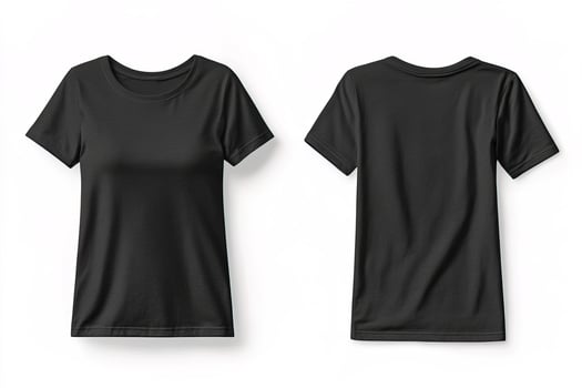 apparel mockup featuring a simple black women t-shirt in front and rear perspectives, perfect for showcasing logos, prints and textile patterns photo