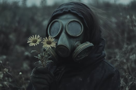girl in protective gas mask with fresh daisy set against dark muted background. powerful symbol of resilience, survival and fragile beauty amidst environmental crisis photo
