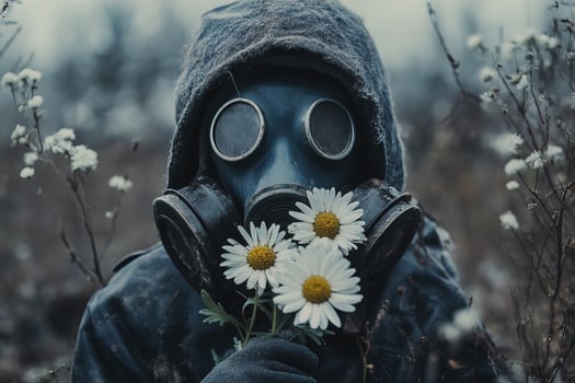 Surreal Image of a Girl Wearing a Gas Mask with a Daisy in Hand photo