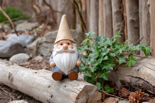 Garden gnome sitting on a log near ivy plant photo