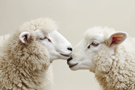 Close interaction of two sheep showing affection on plain cream backdrop. composition evokes warmth, gentleness and emotional bond. Perfect for farm themed branding or emotional storytelling visuals photo