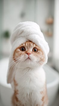 Adorable shorthair cat enjoying spa moment with towel on its head captured in minimalist white bathroom. Perfect for animal grooming advertisements, pet care design and playful visual storytelling photo