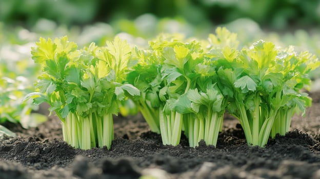 Freshly Harvested Celery on Dark Soil With Green Leaves and Garden Background. photo