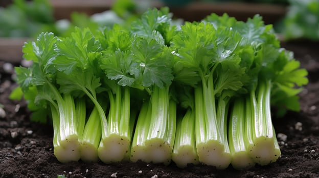 Freshly Harvested Celery With Vibrant Green Leaves on Rich Soil in a Garden Setting photo