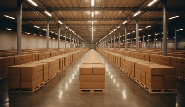 A large warehouse with rows of boxes photo