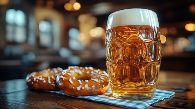 Enjoying a Refreshing Beer With Soft Pretzels in a Cozy Pub Setting During the Evening photo