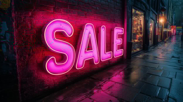 Bright Sale Sign Illuminates Wet Street in Urban Shopping District During Evening Hours photo