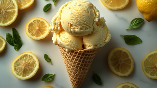Delightful Lemon Ice Cream Cone Surrounded by Fresh Fruit and Basil Leaves in a Bright Setting photo