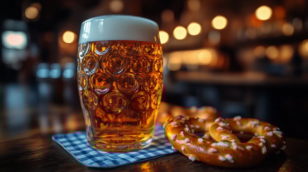Enjoying Beer and Pretzels in a Cozy Tavern Setting in the Evening. photo