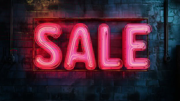 Bright Neon Sale Sign Illuminates a Wet Street in an Urban Setting at Night. photo