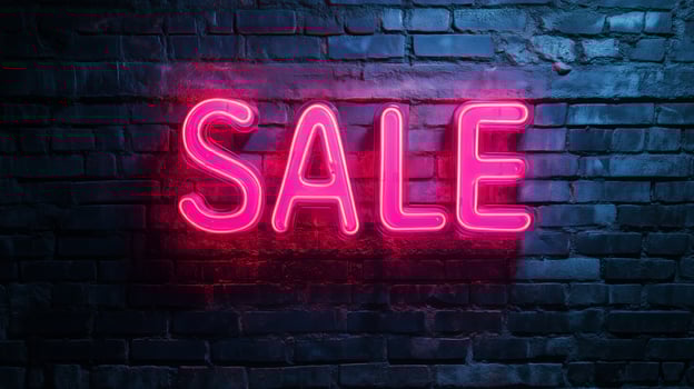 Bright Neon Sale Sign Illuminating a Brick Wall at Night in an Urban Setting. photo
