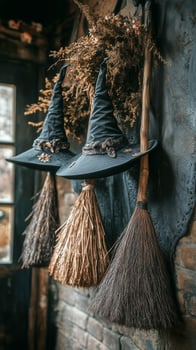 Colorful Witch Hats and Brooms Display in a Quaint Shop During Autumn Season. photo