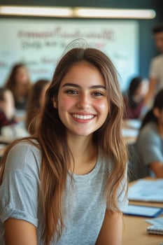 Student Smiling in Classroom During Group Activity at Educational Institution photo