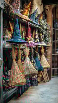 Colorful Witch Hats and Brooms Display in a Quaint Shop During Autumn Season photo
