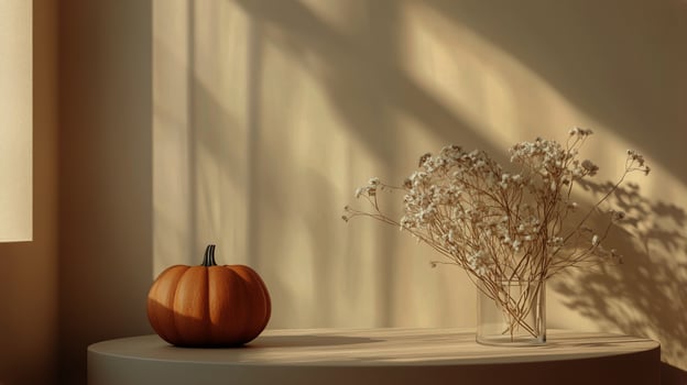 Autumn Decor With Pumpkin and Dried Flowers Casting Shadows on a Warm Wall. photo
