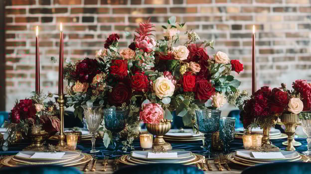 Elegant Floral Arrangement on Dinner Table for Special Occasion in Urban Setting photo