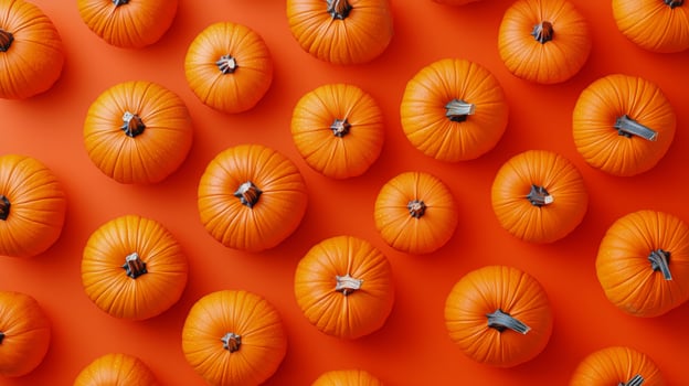 Colorful Pumpkins Arranged on an Orange Background Perfect for Autumn Decorations or Seasonal Displays. photo