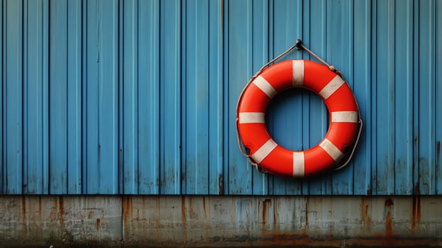 Life Preserver on a Bright Blue Wall at a Waterfront Location in Warm Sunlight. photo