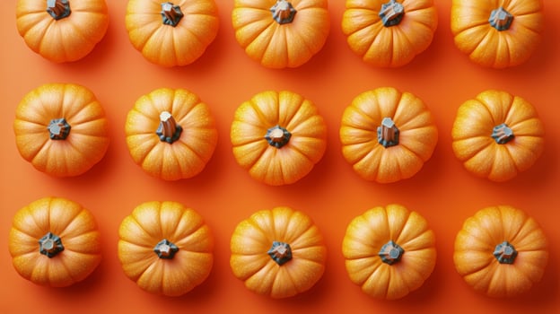 Colorful Pumpkins Arranged on an Orange Background Perfect for Autumn Decorations or Seasonal Displays photo