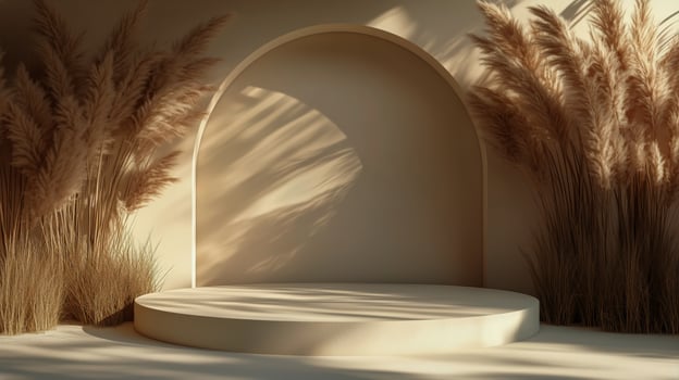 Minimalist Stage Design With Textured Backdrop and Natural Elements in a Soft Light Setting photo