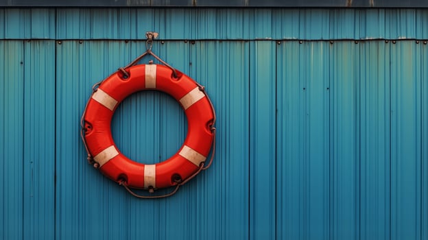 Life Preserver on a Bright Blue Wall at a Waterfront Location in Warm Sunlight photo