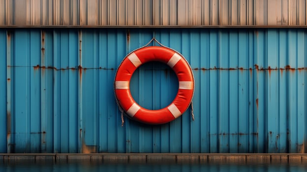 Lifebuoy Hanging on a Blue Metal Wall by the Water at a Calm Harbor During Sunset photo
