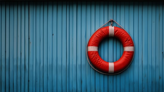 Lifebuoy Hanging on a Blue Metal Wall by the Water at a Calm Harbor During Sunset. photo
