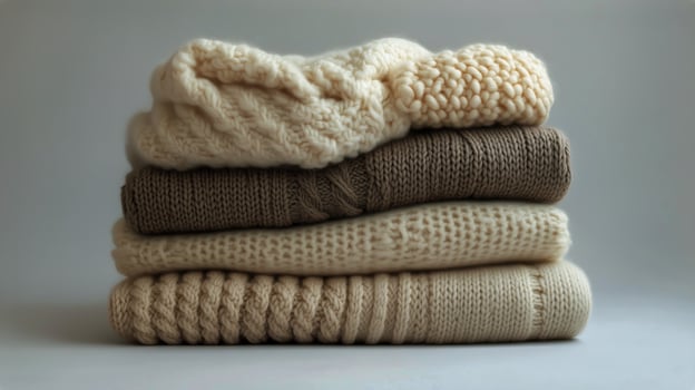 Cozy Knitted Sweaters Arranged Neatly in a Stack on a Soft Surface in a Warm-Toned Room. photo