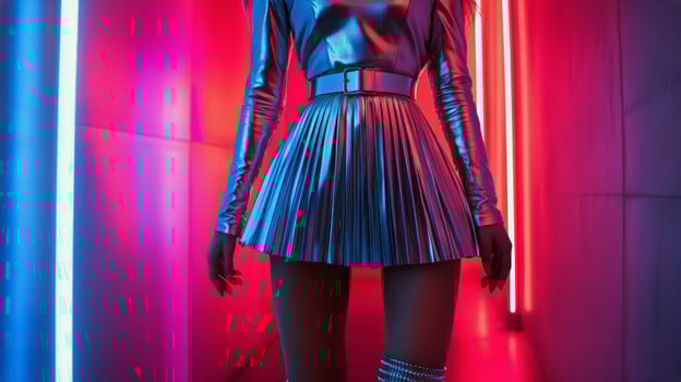 Shimmering Metallic Outfit in Vibrant Neon Corridor at Night photo