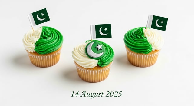 Festive cupcakes adorned with Pakistani flags and crescent moon symbols for Independence Day celebration. photo