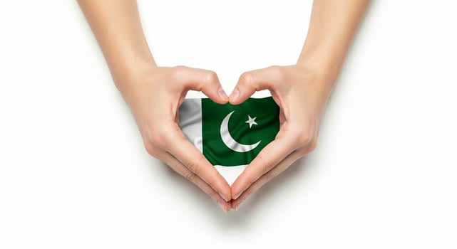 Hands Forming Heart Shape Around Pakistan Flag on White Background. photo