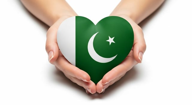 Hands cradling heartshaped Pakistan flag symbolizing national love and patriotism. photo