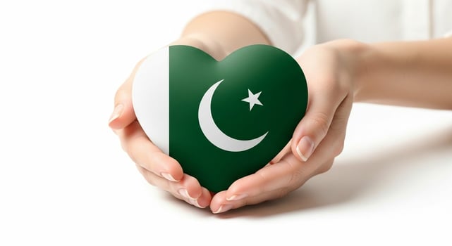 Hands Holding Pakistan Flag Heart Shape, White Background. photo