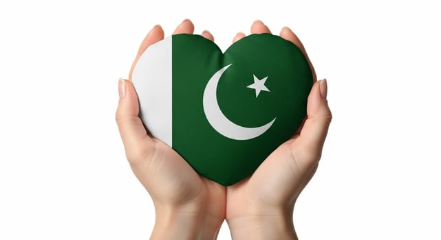 Hands holding a heart shaped Pakistan flag on a white background. photo