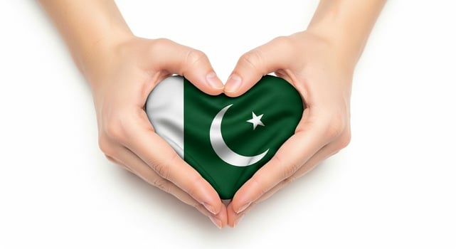 Hands forming heart shape holding Pakistan flag on white background. photo