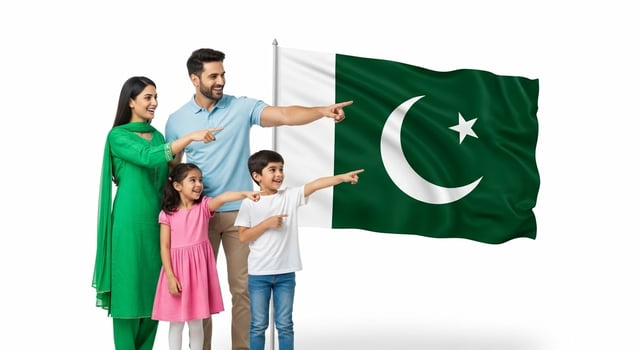 Happy Family Points to Pakistan Flag. photo