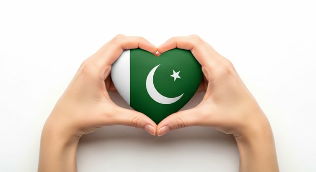 Hands Holding Pakistan Flag Heart Shape National Pride. photo
