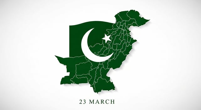 Pakistan Day Illustration Green Map with Flag and 23 March Date on White Background. photo