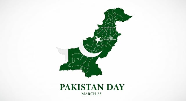 Pakistan Day Illustration with Map Crescent Moon and Star on White Background. photo