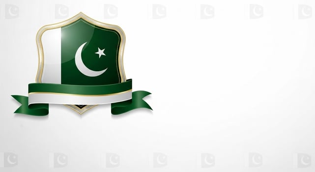 Pakistan Flag Emblem Green White Shield with Crescent Moon Star Gold Accents Ribbon Banner. photo