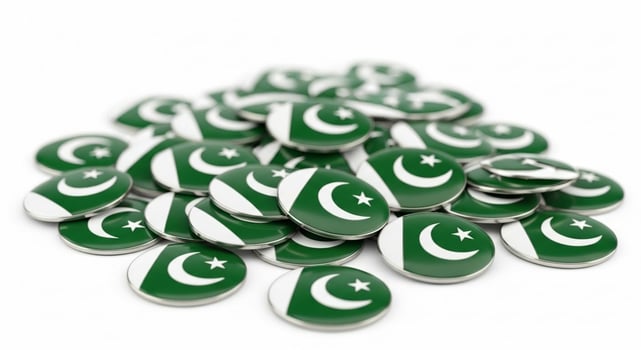 Pakistan Flag Badges Pile of Green and White Badges. photo
