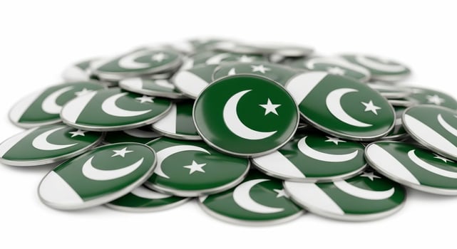 Pakistan Flag Badges Pile of Green and White Emblems. photo