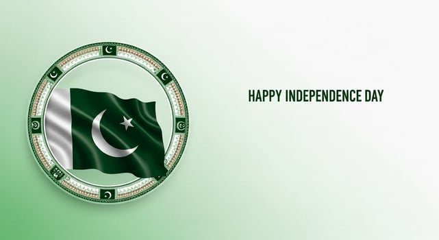 Pakistan Flag Waving in Decorative Circle with Happy Independence Day Text. photo