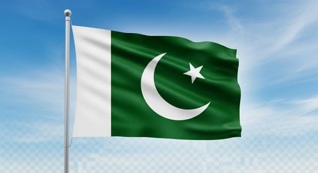Pakistan Flag Waving on a Clear Day Green Crescent and Star. photo