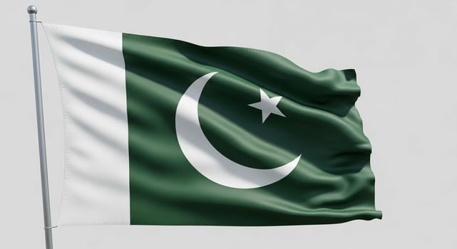 Pakistan Flag Waving on Flagpole Green and White Fabric Crescent Moon and Star. photo