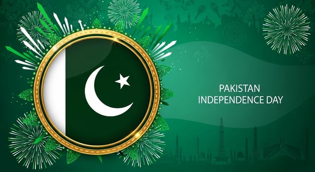Pakistan Independence Day celebration banner with the national flag fireworks and green background. photo